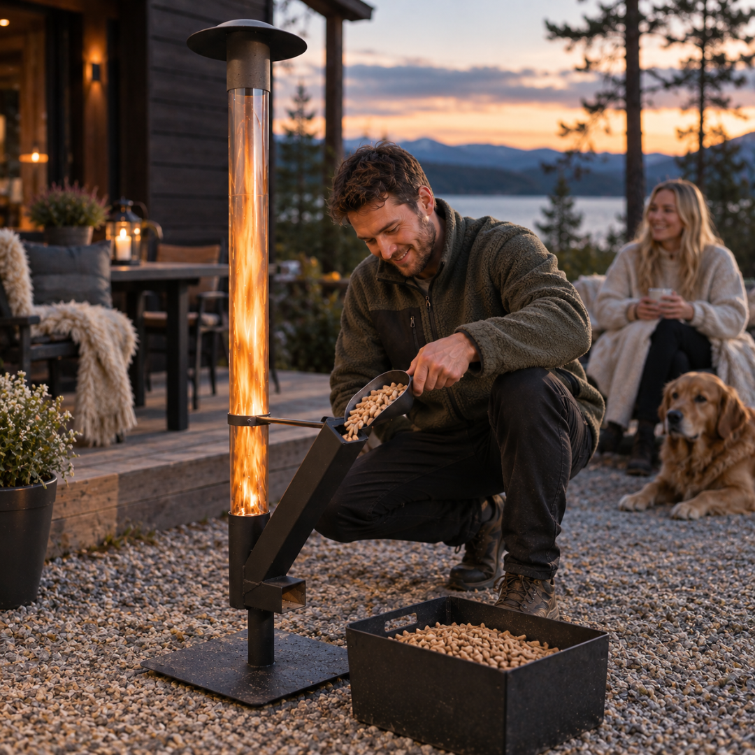 Glomora – Utendørs terrassevarmer med trepellets